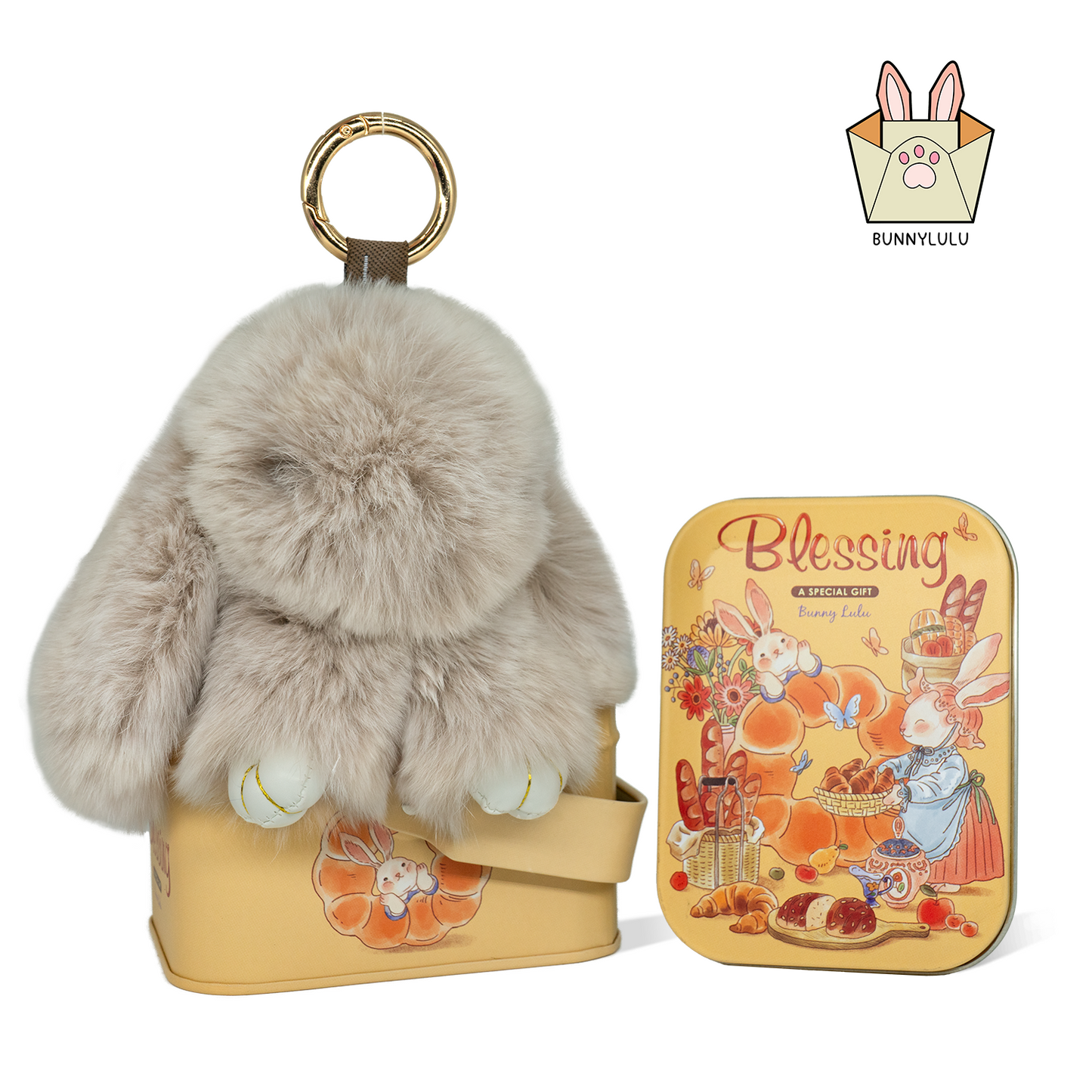 【BunnyLulu】 Handmade Bunny Pompom with Gift Tin Box, Keychain, Fashion Accessories, Gifts for Girls Women Kids