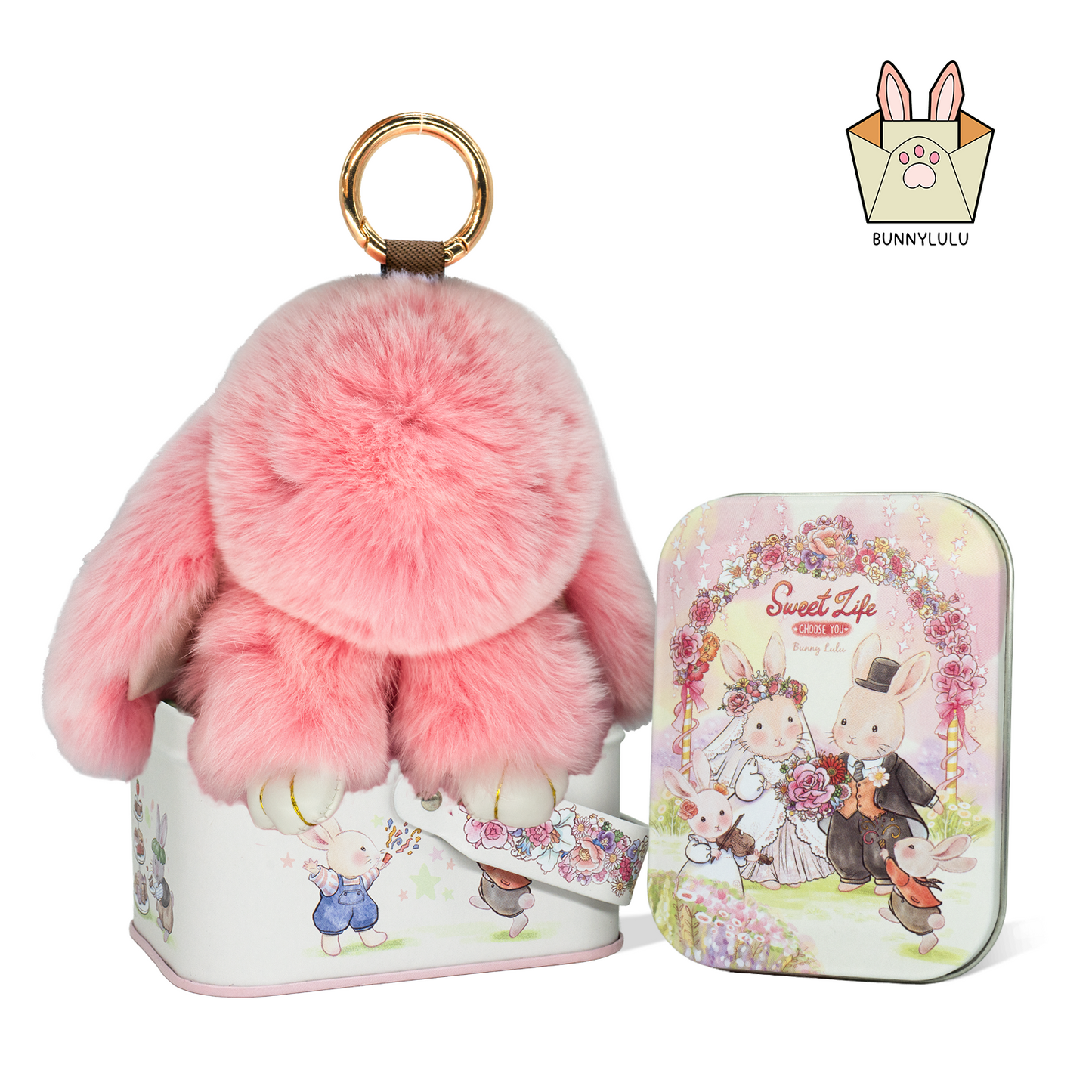 【BunnyLulu】 Handmade Bunny Pompom with Gift Tin Box, Keychain, Fashion Accessories, Gifts for Girls Women Kids